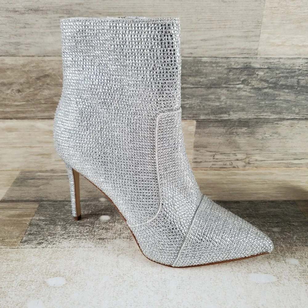 Michael Kors Rue Bootie Womens Sz 6 M Silver Rhinestone Pointy Toe Stiletto Heel